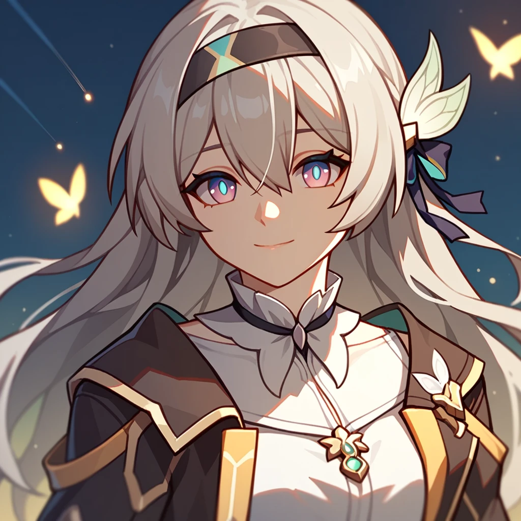 firefly_\(honkai:_star_rail\), 1girl, black_hairband, grey_hair, long_hair, purple_eyes, black_jacket, long_sleeves, hair_between_eyes, white_shirt, very_long_hair