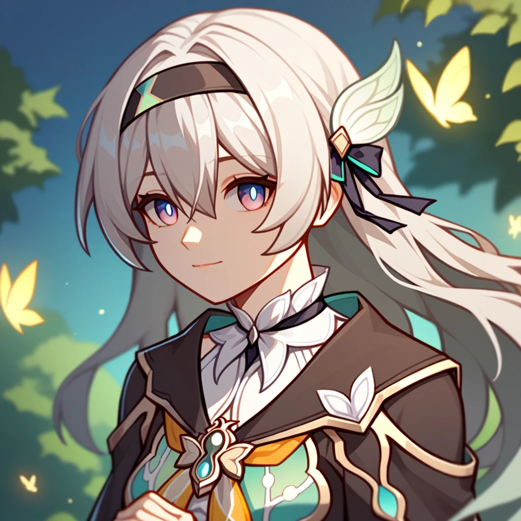 firefly_\(honkai:_star_rail\), 1girl, black_hairband, grey_hair, long_hair, purple_eyes, black_jacket, long_sleeves, hair_between_eyes, white_shirt, very_long_hair