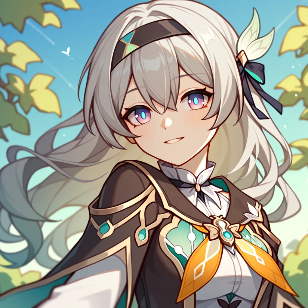 firefly_\(honkai:_star_rail\), 1girl, black_hairband, grey_hair, long_hair, purple_eyes, black_jacket, long_sleeves, hair_between_eyes, white_shirt, very_long_hair