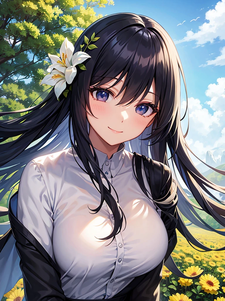 Flower Field、Blue sky、Long black hair、black eye、Woman in her early 20s、Face close-up、smile、Elegant clothes