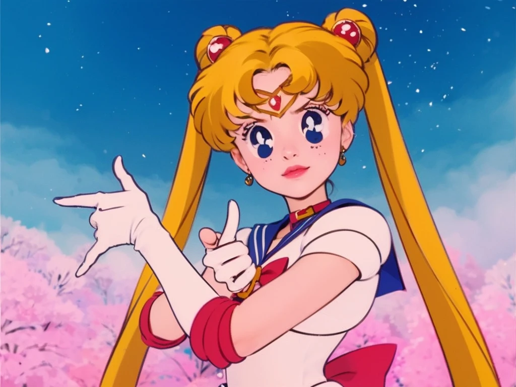blonde young woman with long pigtails, wearing white suit with blue collar and red details, white gloves, blue and pink space background
