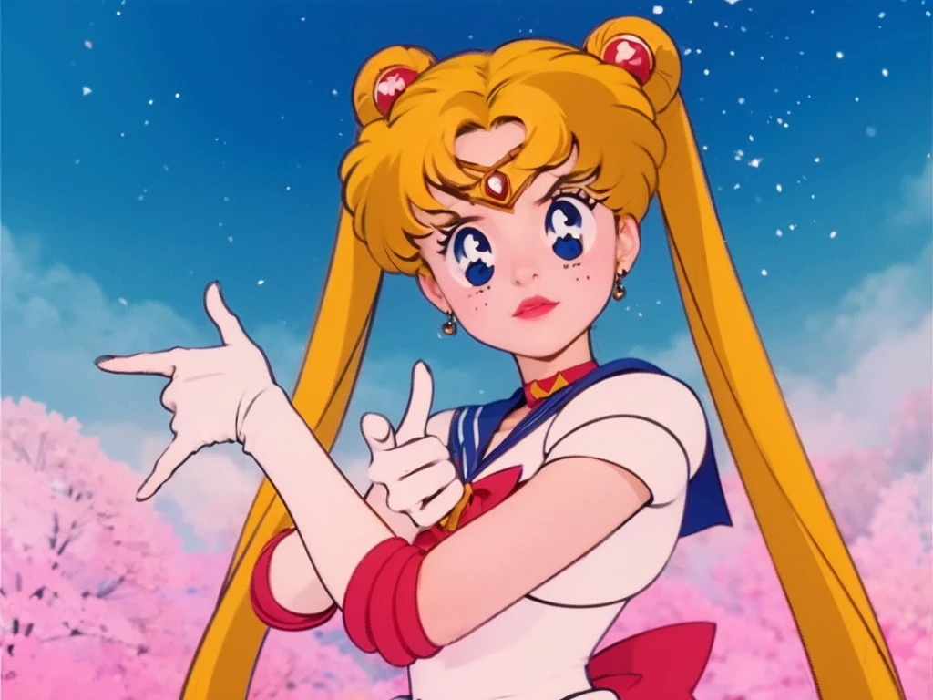blonde young woman with long pigtails, wearing white suit with blue collar and red details, white gloves, blue and pink space background