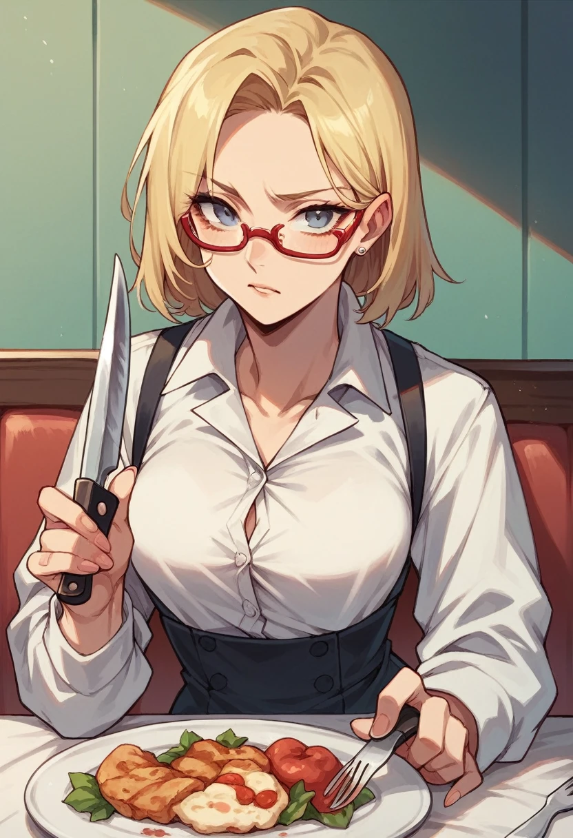 woman in suit, Red glasses, hair blonde, with dinner knife and fork in hand.