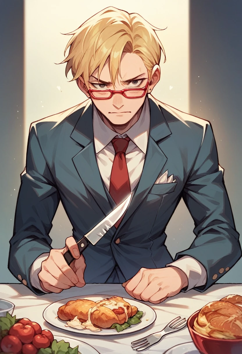 woman in suit, Red glasses, hair blonde, with dinner knife and fork in hand.