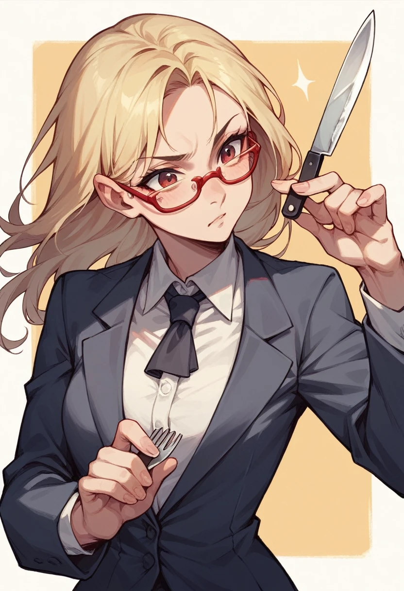 woman in suit, Red glasses, hair blonde, with dinner knife and fork in hand.