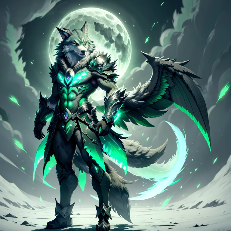 (1 wolf) full body, a green eyes light green wolf, a winged four pointy feathered ears wind wolf with feathers and wind, light green feathers, feathered wings, wind energy around, typhoon background