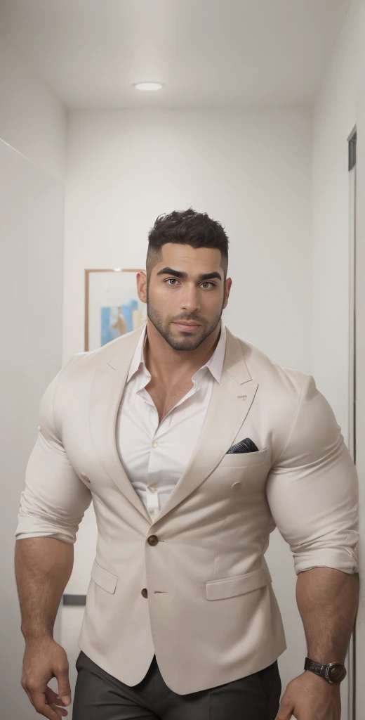 1boy, Egyptian, solo, facial hair,34 yrs old, dom, male focus, bara, muscular, mature male, muscular male, beard, short hair, thick eyebrows, brown-skinned male, thighs, fancy suit, dark skin, tie, tight white shirt, tight pants, open jacket, black business suit, doctor uniform, feet out of frame, thick thighs, looking at viewer, masterpiece, 4k, high quality, highres, absurdres,