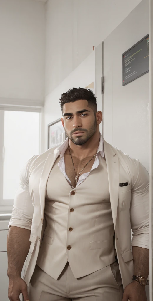 1boy, Egyptian, solo, facial hair,34 yrs old, dom, male focus, bara, muscular, mature male, muscular male, beard, short hair, thick eyebrows, brown-skinned male, thighs, fancy suit, dark skin, tie, tight white shirt, tight pants, open jacket, black business suit, doctor uniform, feet out of frame, thick thighs, looking at viewer, masterpiece, 4k, high quality, highres, absurdres,