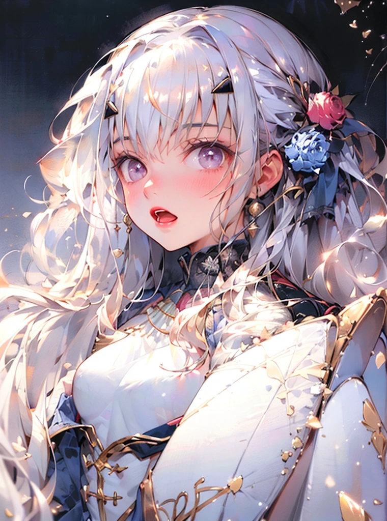 Uhd, absurdres, best_quality, masterpiece, best quality,1girl, solo, fairy knight lancelot (fate), long straight hair, sidelocks, forked eyebrows, white hair, small breasts,  gold eyes, looking at viewer, dress, cape, blue dress, bangs, long sleeves, white rose, slightly open mouth