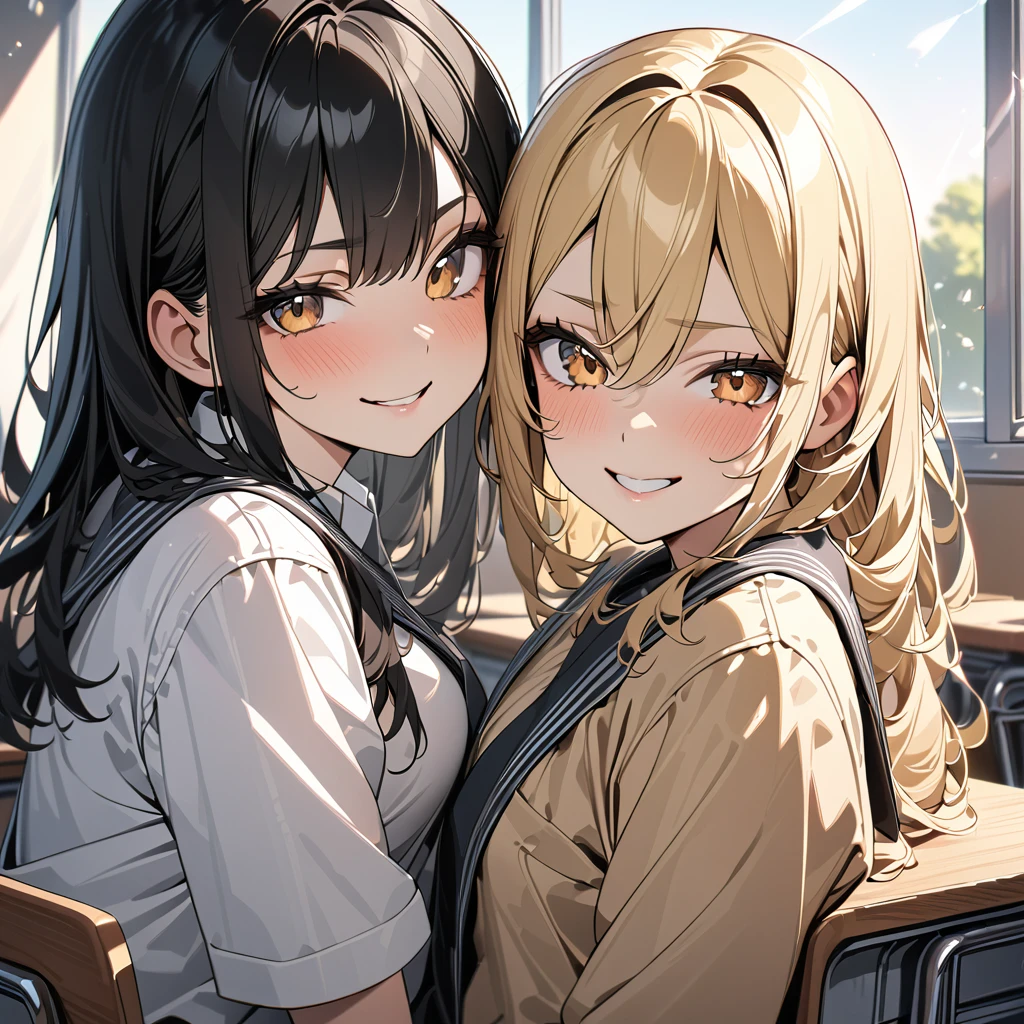 (award winning, 8k, super detailed, high resolution, best quality) , photography, (two girls), girl on the left with blonde hair and smirk expression, girl on the right with black hair and (timid expression), (sitting side by side at desk), ((beautiful girls)), set in classroom, light from the window.