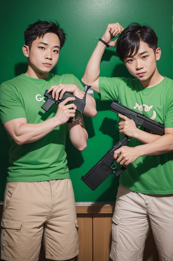 two pigs wearing green t-shirts pointing guns at each other 
