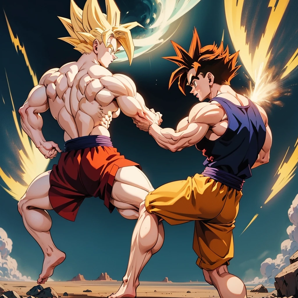 (A detailed drawing of gohan, Bodybuilding-Fitnessstudio.),Anime picture, With bare upper body, the strongest of all, huge muscular body, Big Bizeps, large shoulders, muscle legs,abs, barefoot, Martial arts, Kick with foot, Full body image, Rear view, side chest, crunch, beserk, barefoot, sole of the foot , dominant pose,Toes, in anime style