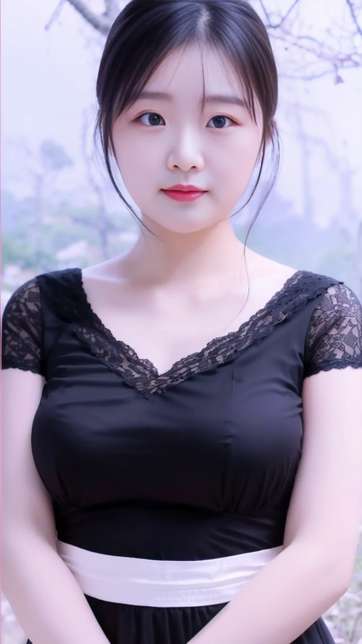 A woman lives in the forest. Dressed in the forest, she looks fat.