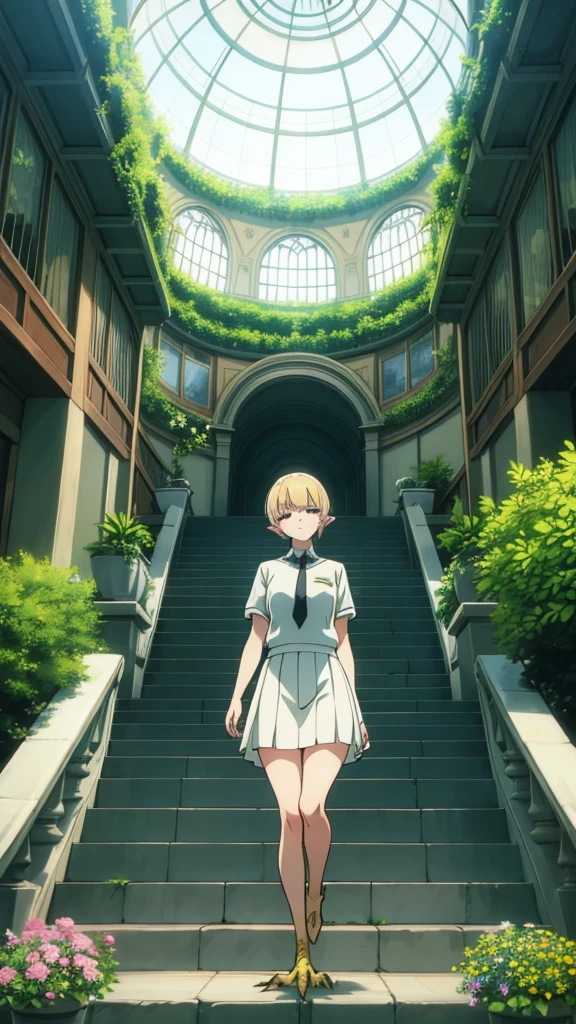 1girl,20s,happy,white shirt,black standard tie,short sleeves,white school skirt,short hair,blonde hair,pointy ears,((harpy)),(top quality, masterpiece, ultra-real), indoor botanical garden, dome, lots of flowers, dense mass of plants, the landscape in the background is a garden with petals and puffs flying around. --v6