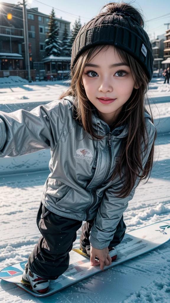 ((Girl snowboarding on the slope, Skate with professional-level beautiful form)), (beautiful girl, :1.5, Cute face), Perfect Style, ((Detailed eyes and face, Professional photography techniques, Cinema Lighting)), Detailed hands, (Highest quality, 8K, masterpiece:1.2, RAW Photos), (Reality:1.4), View the viewer, Focus on the venue, Short Hair, (Cute Snowboard Wear:1.2), (Cute smug face)