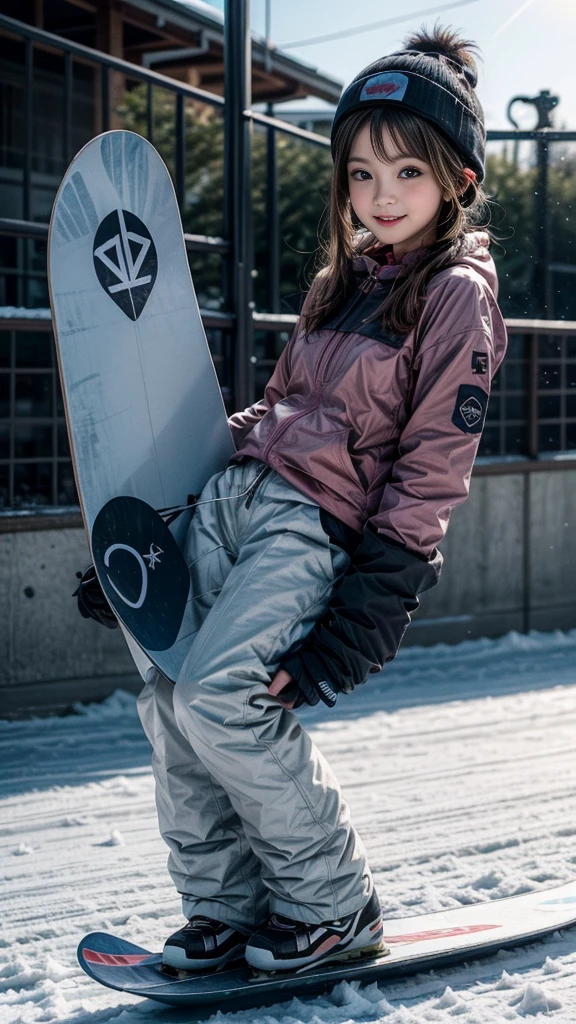 ((Girl snowboarding on the slope, Skate with professional-level beautiful form)), (beautiful girl, :1.5, Cute face), Perfect Style, ((Detailed eyes and face, Professional photography techniques, Cinema Lighting)), Detailed hands, (Highest quality, 8K, masterpiece:1.2, RAW Photos), (Reality:1.4), View the viewer, Focus on the venue, Short Hair, (Cute Snowboard Wear:1.2), (Cute smug face)
