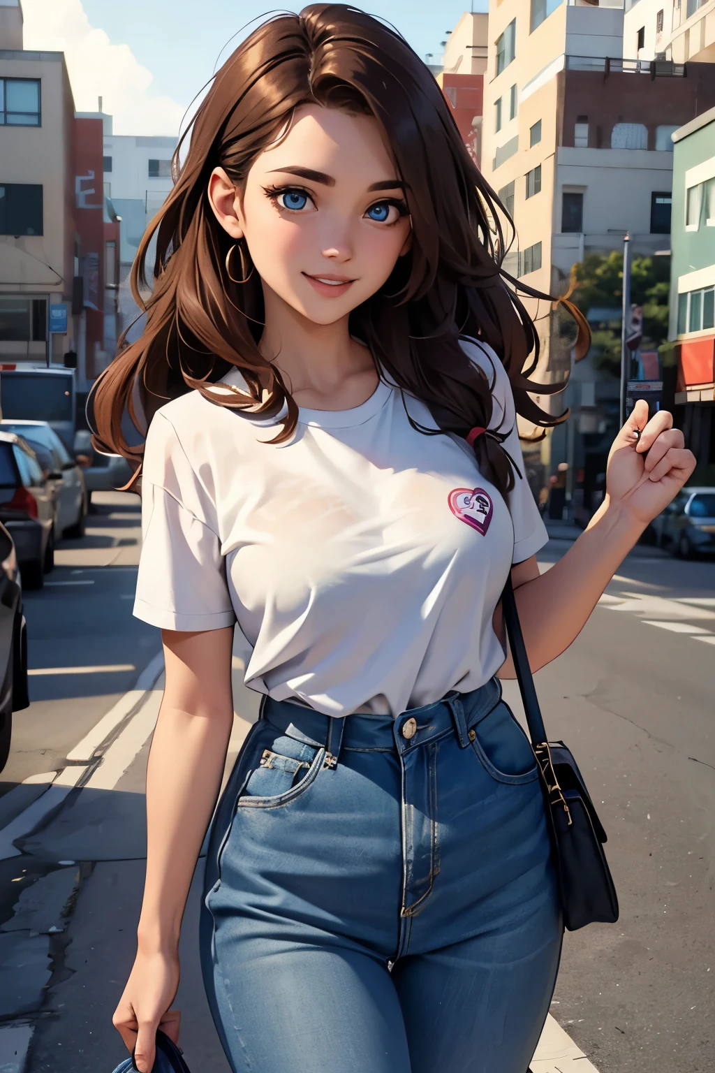 24-year-old woman with a cheerful disposition and contagious smile. Her warm brown hair falls in cute waves around her heart-shaped face, framing her bright blue eyes. Her eyes give a look full of encouragement. She has a  build standing at a height of 5'2". She wears casual, comfortable clothes that highlight her cheerful personality. she is in apartment