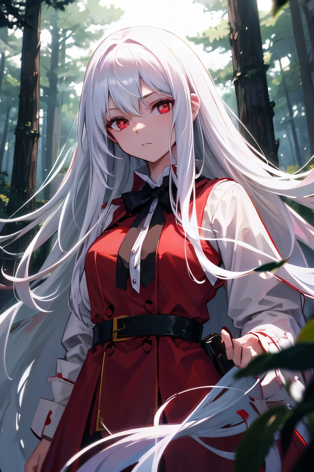 Beautiful girl with long white hair, Fair skin, And red eyes, In the woods with cinematic lighting, It&#39;s dark and there&#39;s little light. She is wearing a golden white dress, Her eyes were focused, Looking at the audience. Her skin is white, Her face was delicate and perfect., masterpiece, Top quality artwork. This image is an incredibly detailed 8K CG wallpaper., Cinematic tones with artistic cinema lighting and neutral filters.