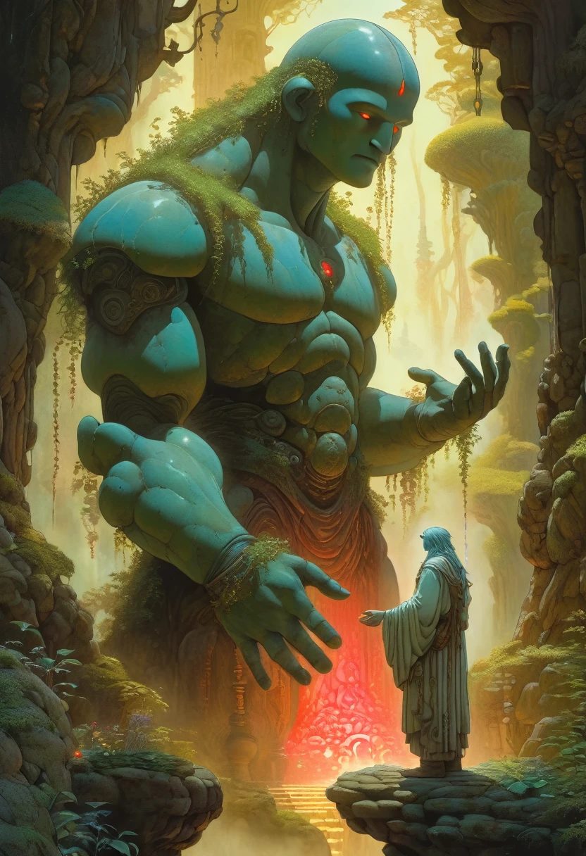 (best quality,4k,8k,highres,masterpiece:1.2),ultra-detailed,(realistic,photorealistic,photo-realistic:1.37),golem, made of white marble, alchemy, hermeticism,ancient,weathered stone,meticulously carved,tangled vines,dark forest,exquisite fungi,small magical creatures,kodama, small forest spirits,(A golem is holding a bunch of little spirits on his open palms),(some spirits are dancing on the golem's palms, other are climbing the golem's shoulder),dappled sunlight,shadows and light,subtle gradients,rich earthy colors,concept art inspired by Jean Giraud Moebius,ethereal glow,elaborate inscriptions,symbols of mystery and alchemy,mystical fog,solemn expression,eyes glowing with red light,steampunk accents,gear-shaped designs,magic emanating from its core,protective guardian,imposing stature,ominous aura,secrets of the universe,harnessing the power of nature,ancient wisdom emerging from nature's embrace,transcendence of life and death,magical aura radiating from within., Yoshitaka Amano style