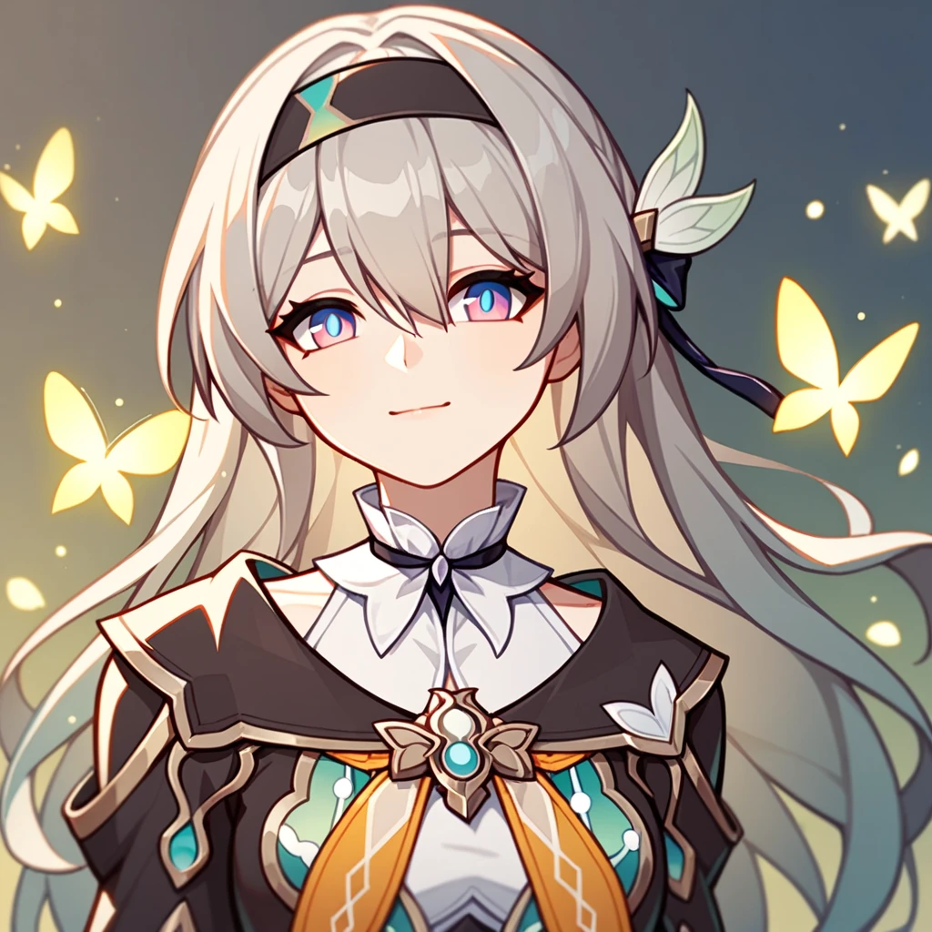 firefly_\(honkai:_star_rail\), 1girl, black_hairband, grey_hair, long_hair, purple_eyes, black_jacket, long_sleeves, hair_between_eyes, white_shirt, very_long_hair