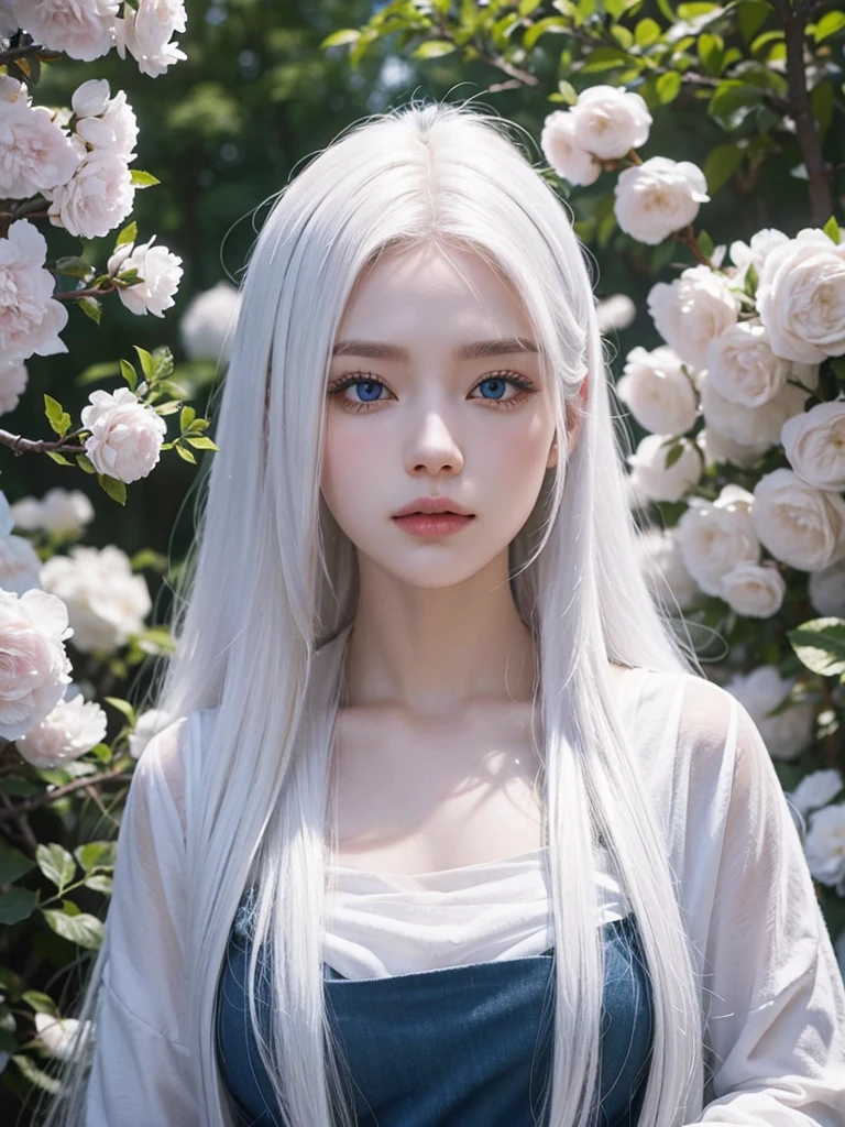 Long white hair, blue eyes, serious features, white skin, loose style, in a garden, with flowers , in the forest ,in the Sakura Korea
