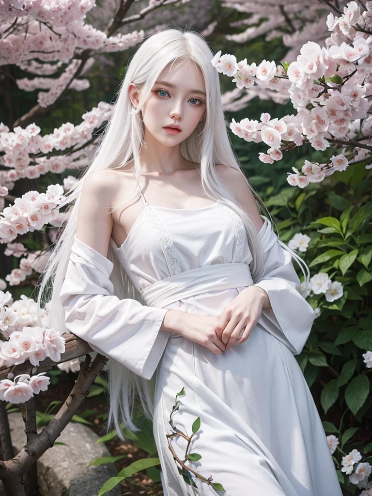 Long white hair, blue eyes, serious features, white skin, loose style, in a garden, with flowers , in the forest ,in the Sakura Korea
