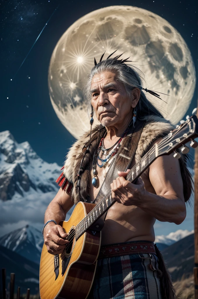 An old american indian man with feathers playing guitar at night full moon with wolf and owl and mountains