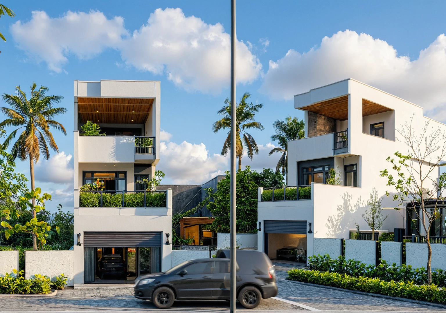 Masterpiece, high quality, best quality, authentic, super detail, outdoors, onestoreyvillaXL, aiaigroup, house style modern on the street ,stairs, white wall ,road,pavement, grass, trees, sky, cloud, (daylight:1.1)