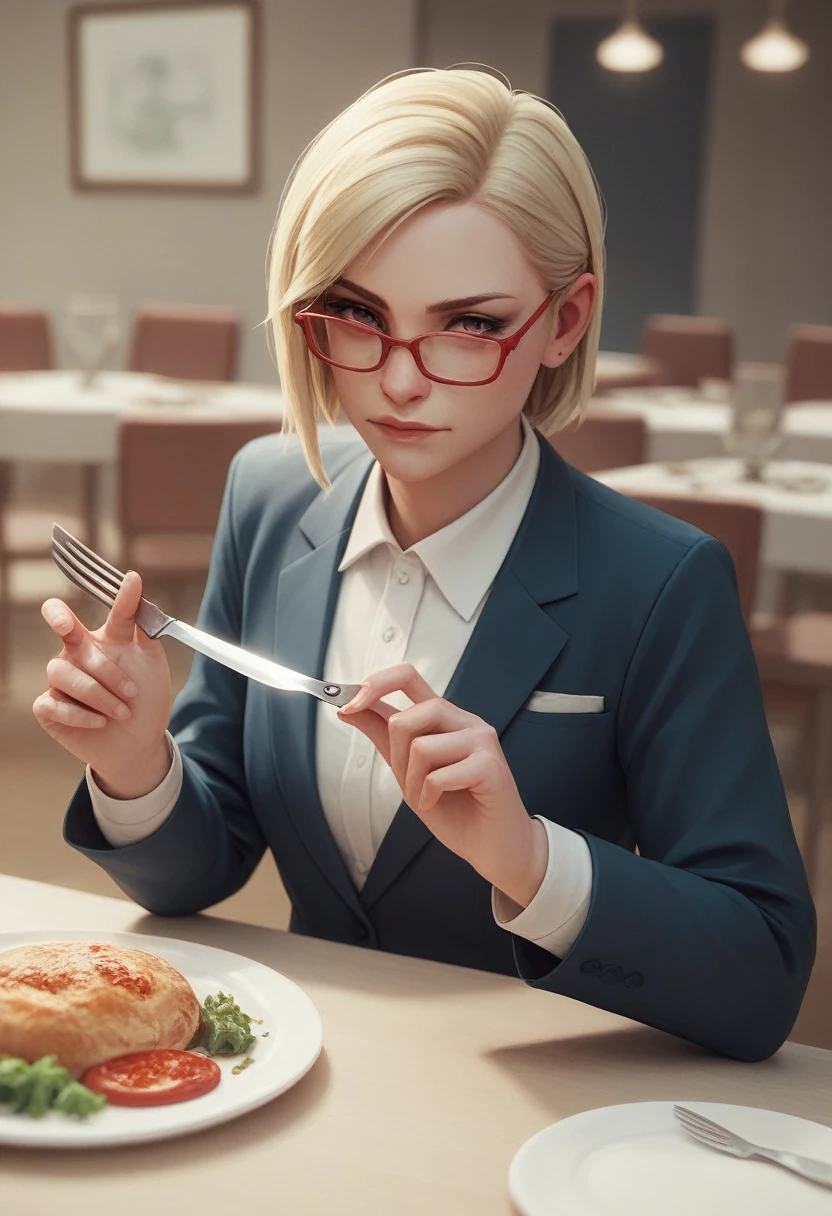 woman in suit, Red glasses, hair blonde, with dinner knife and fork in hand, 3 d image.
