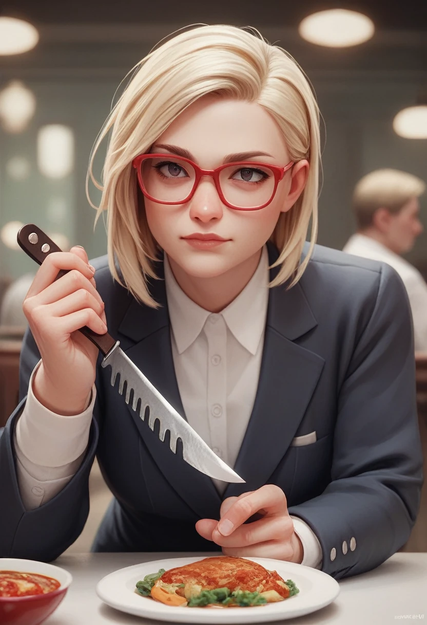 woman in suit, Red glasses, hair blonde, with dinner knife and fork in hand, 3 d image.