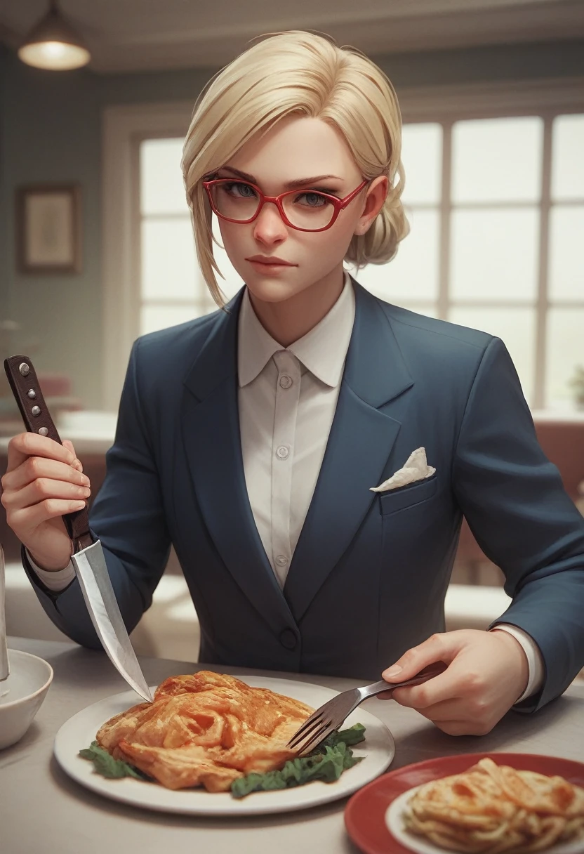 woman in suit, Red glasses, hair blonde, with dinner knife and fork in hand, 3 d image.