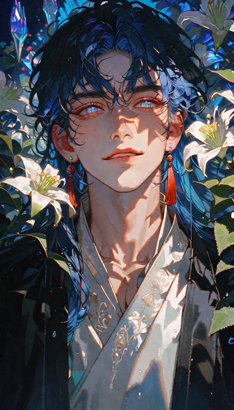masterpiece, Male focus, 1 boy, solitary, Blue hair, long hair, tassel earrings, tassel, Jewelry, earrings, white lily flowers background, crystal, he is smoking, Upper Body,Pearlescent Rose,Personal,The eyes are depicted in great detail, white metalic and blue, sparking, happy face, moke, red lip, sparking eyes, 8k,