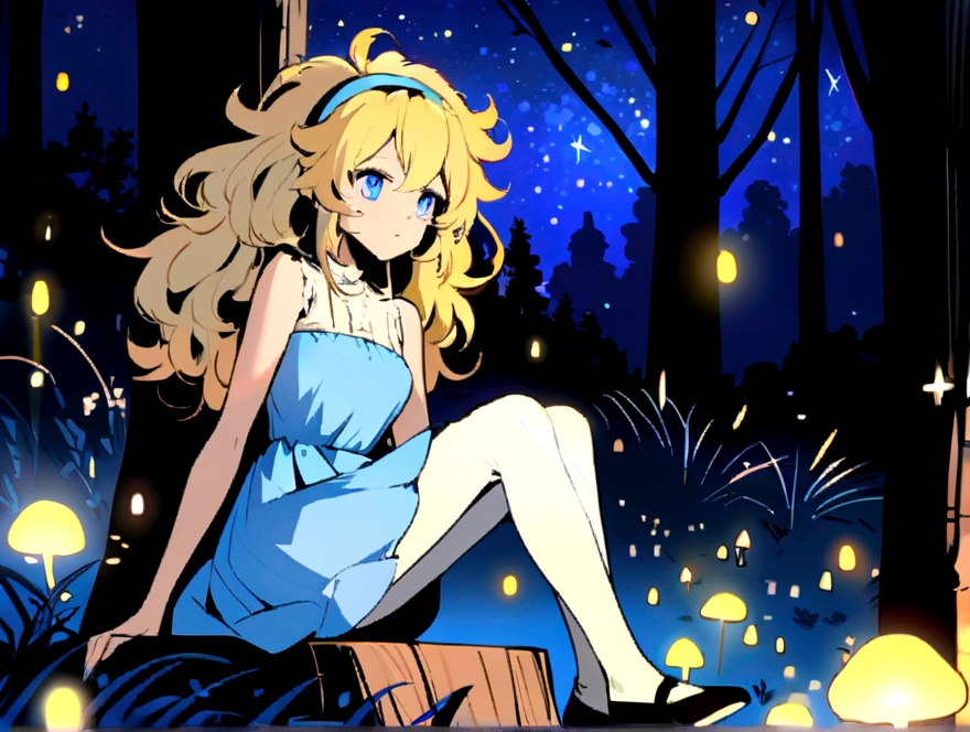 Big messy haired blonde anime woman with hairband, pale blue eyes, wearing blue dress with no sleeves, white stockings and little black shoes, sitting in the woods next to glowing mushroom surrounded by fireflies under the starry night sky