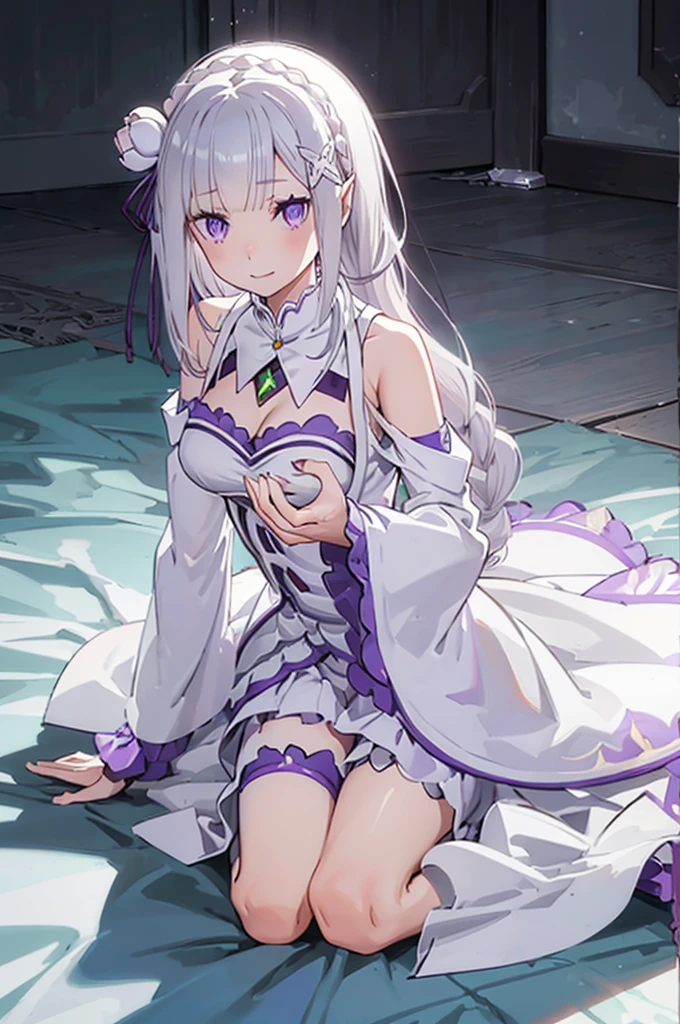 emilia, 
Rezero emilia, 
1girl, 
best illustration, masterpiece, best quality, high resolution, official art, 
perfect anatomy, nice hands, perfect hands, BREAK long hair, low-tied long hair, braid, crown braid,
white hair, 
(purple eyes:1.2), (beautiful detailed eyes:1.6),
looking at viewer, 
pointy ears,
BREAK smile, 
dress, pink dress, BREAK bare shoulders, detached collar, long sleeves, shoulder cutout, wide sleeves, white sleeves, 
medium , 
zettai ryouiki, 
flower, hair flower, hair ornament, hair ribbon,   white flower, x hair ornament,
cowboy shot ,
Kneeling pose,
shoot from above, 
perfect lighting,
background of indoor, on the house bed,