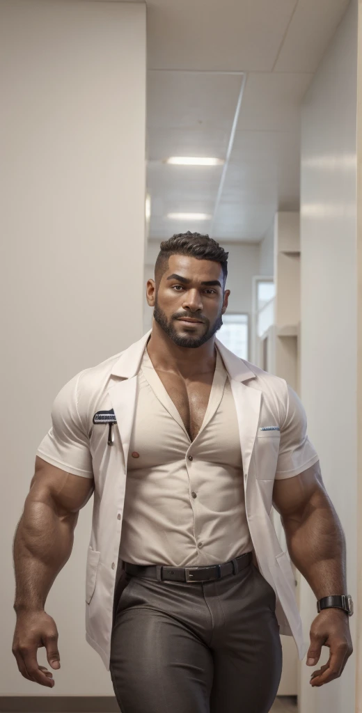 1boy, Egyptian, solo, facial hair,34 yrs old, dom, male focus, bara, muscular, mature male, muscular male, beard, short hair, thick eyebrows, brown-skinned male, thighs, fancy suit, dark skin, tie, tight white shirt, tight pants, open jacket, black business suit, doctor uniform, feet out of frame, thick thighs, looking at viewer, masterpiece, 4k, high quality, highres, absurdres,