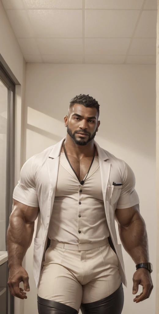 1boy, Egyptian, solo, facial hair,34 yrs old, dom, male focus, bara, muscular, mature male, muscular male, beard, short hair, thick eyebrows, brown-skinned male, thighs, fancy suit, dark skin, tie, tight white shirt, tight pants, open jacket, black business suit, doctor uniform, feet out of frame, thick thighs, looking at viewer, masterpiece, 4k, high quality, highres, absurdres,