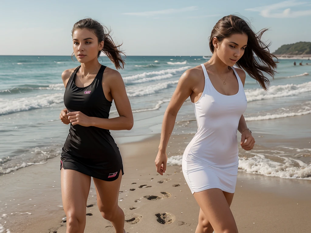 A hot girl wearing sport max dress running on beach different and trending style and hot sexy pose