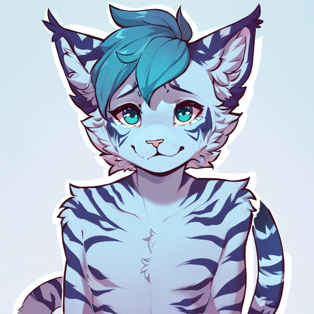 adult, feline, mammal, anthro, anthromorphic, cat, striped, fur, furred_anthro, femboy, male, blue, ear_tufts, purple, paws, hair_tuft, hair_between_eyes, long_tail, fluffy, expressive_eyes, blue/teal_hair, light looking_at_viewer, blue_fur, shy, small_pupils, spotted_pattern, stripes, tiger_stripes, digital_art, high_resolution, high_res, background shy