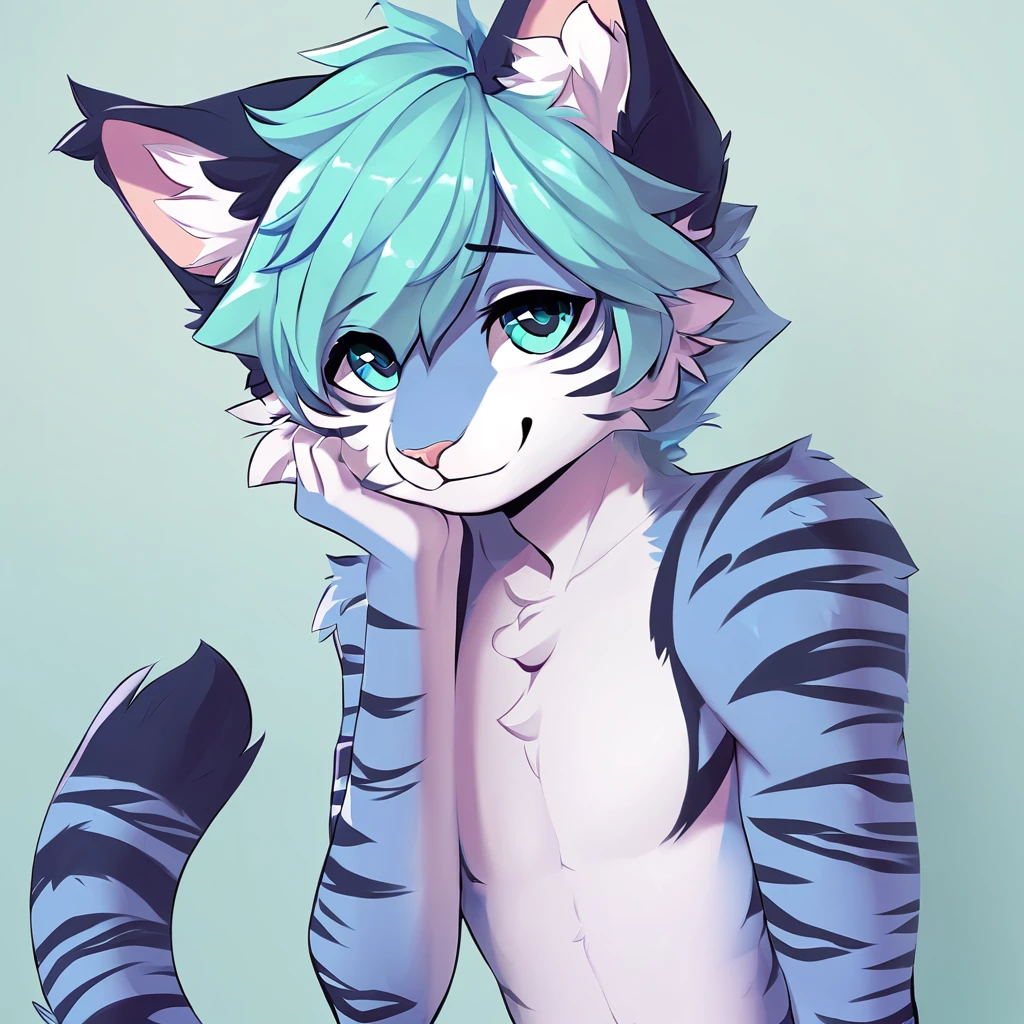 adult, feline, mammal, anthro, anthromorphic, cat, striped, fur, furred_anthro, femboy, male, blue, ear_tufts, purple, paws, hair_tuft, hair_between_eyes, long_tail, fluffy, expressive_eyes, blue/teal_hair, light looking_at_viewer, blue_fur, shy, small_pupils, spotted_pattern, stripes, tiger_stripes, digital_art, high_resolution, high_res, background shy