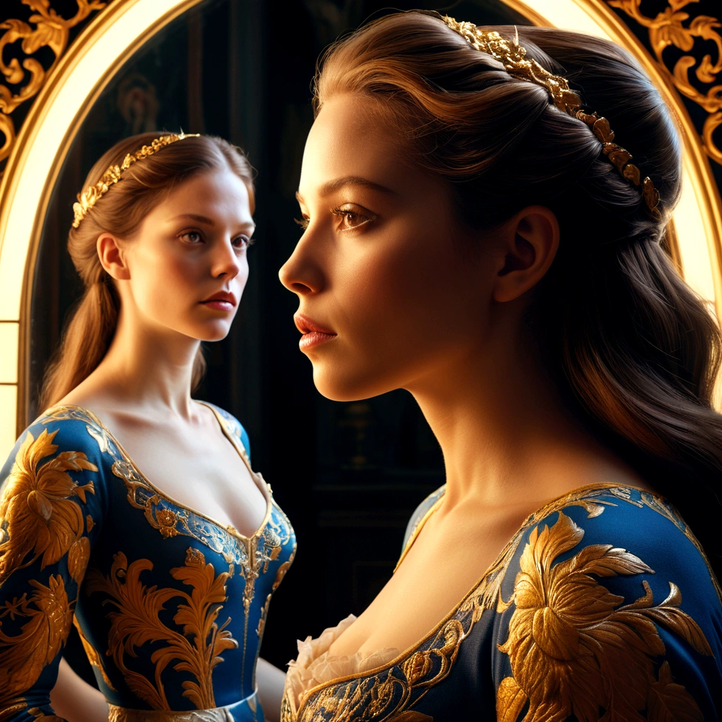 photoillustration of double exposure of merged, the beauty, the beast, (solid effect of the beast image facing on beauty), seamless mix, texture and pattern, solid effect mirroring, iconic stance, dramatic shadows, dramatic lights, interlacing elements, mirror image facing on beauty, side view, fantasy art, two tones, opposite-opponent, digital manipulated photo art, hyper-realistic, ultra-detailed, crisp clarity, high-contrast, luminous ambiance, rich textures, intricate patterns, vivid colors, cinematic lighting, photorealistic, accurate anatomical proportions.