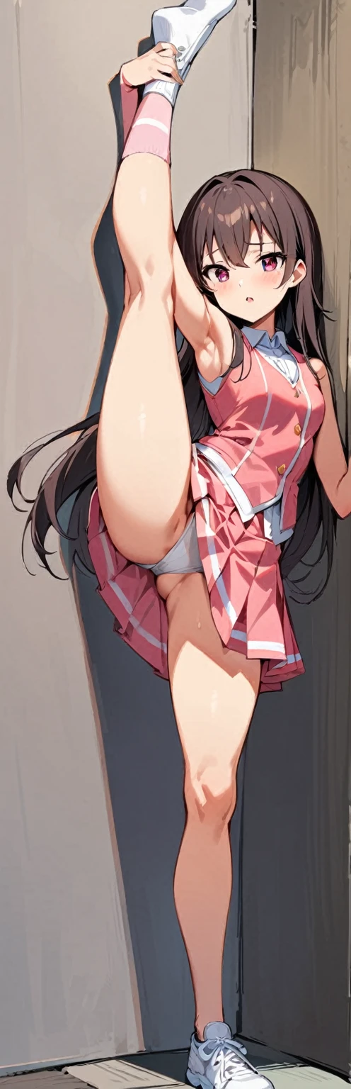 (masterpiece, best quality:1.2), 1girl, solo,standing_split,
Yuuki Mikan, long hair, without black sleeveless short vest,pink skirt,black