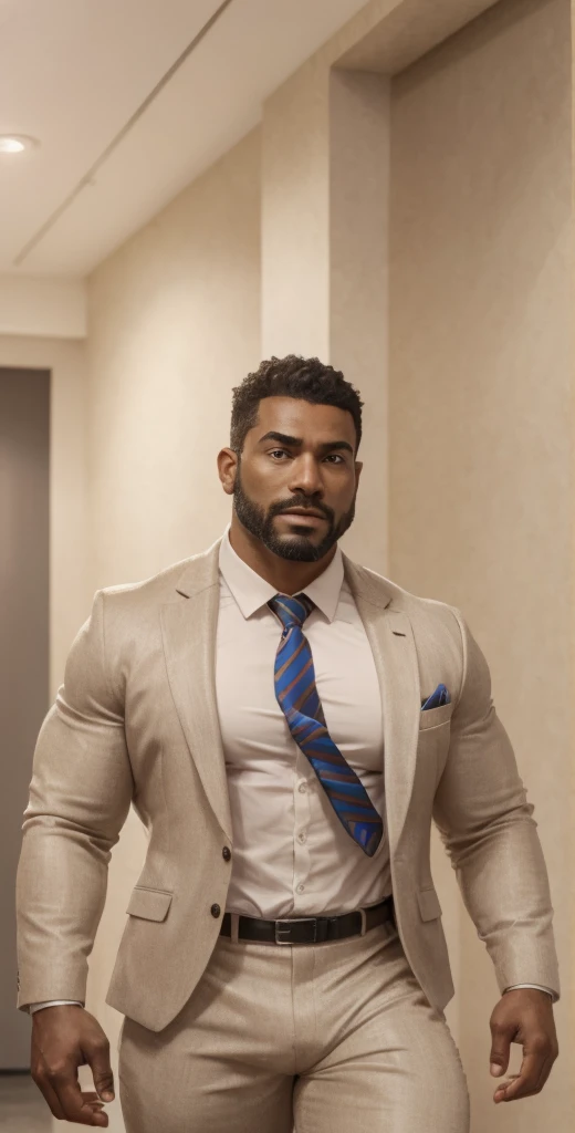 1boy, Egyptian, solo, facial hair,34 yrs old, dom, male focus, bara, muscular, mature male, muscular male, beard, short hair, thick eyebrows, brown-skinned male, thighs, fancy suit, dark skin, tie, tight white shirt, tight pants, open jacket, black police suit, police uniform, feet out of frame, thick thighs, looking at viewer, masterpiece, 4k, high quality, highres, absurdres,