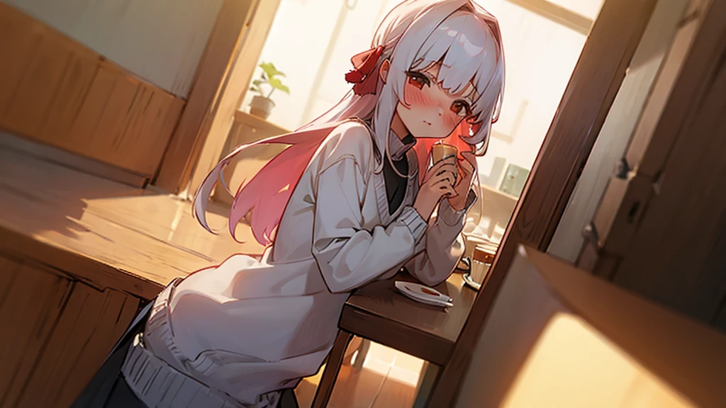 1girl in, 独奏, precum, Long hair, V-neck sweater, (red blush:1.3), Café Background