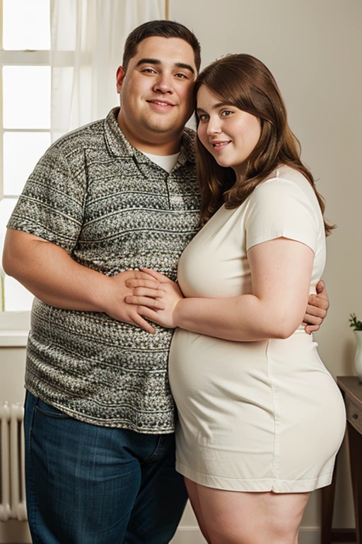 A friendly obese man and woman couple, photorealistic, 8K