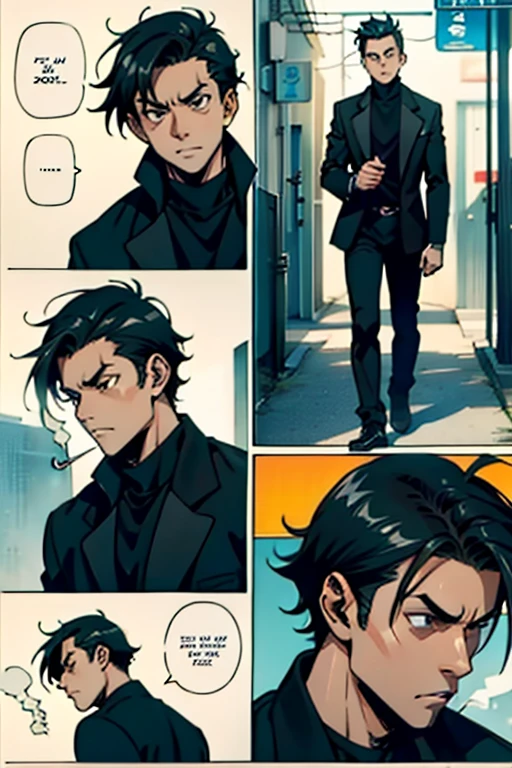 Guy with short black hair smoking and yelling annoyed, manga page with panels and dialogue