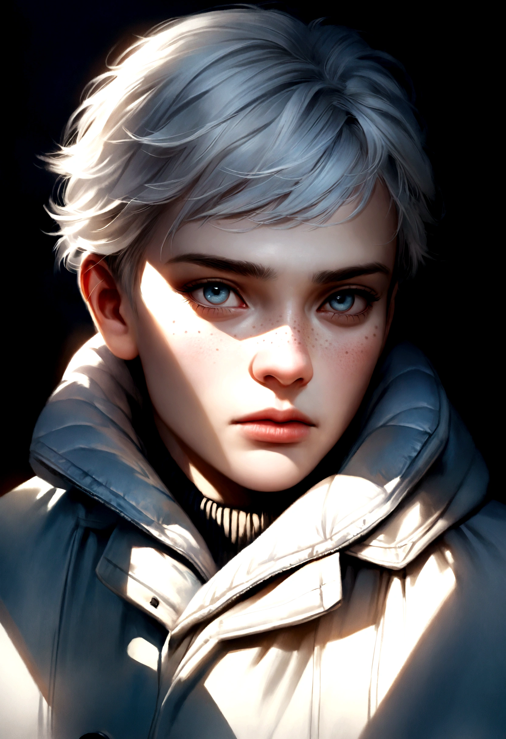 a cold, 17-year-old russian boy, white hair, freckles, cute, realistic, 8k, highly detailed, photorealistic portrait, striking eyes, detailed facial features, expressive, moody lighting, dramatic shadows, cold color palette