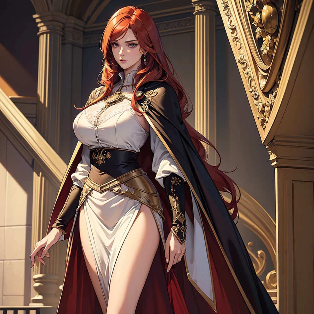 ((best quality)), ((masterpiece)), (detailed),High quality, Ultra detailed, best quality, insanely detailed, beautiful, masterpiece,tall,redhead,tall woman,serge,cape,