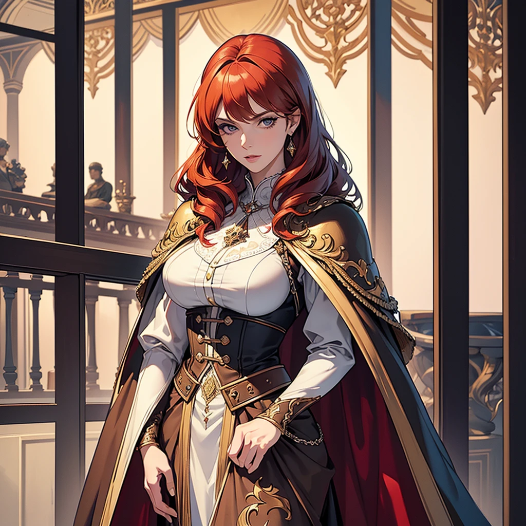 ((best quality)), ((masterpiece)), (detailed),High quality, Ultra detailed, best quality, insanely detailed, beautiful, masterpiece,tall,redhead,tall woman,serge,cape,