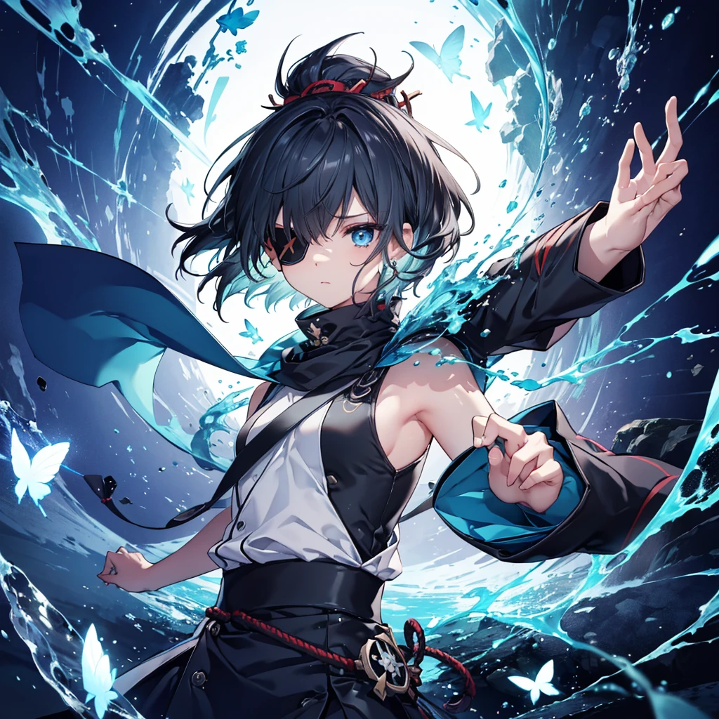 (((1 person put on an eyepatch Gray Hair Qinglong))) (((Jumping kick Full of dynamism))) ((High resolution short hair shoulder Also々funny Face knifeを胸の前で構える)) ((Black Band Ninja Lonely despair blue eyes close)) ((Blue Butterfly night Japanese style old Shining Aura Jump Catch the wind Distorted Space)) (dance 日本knife knife Slashing) 月night moonlight star Shuriken Shining Background Shining Edges
