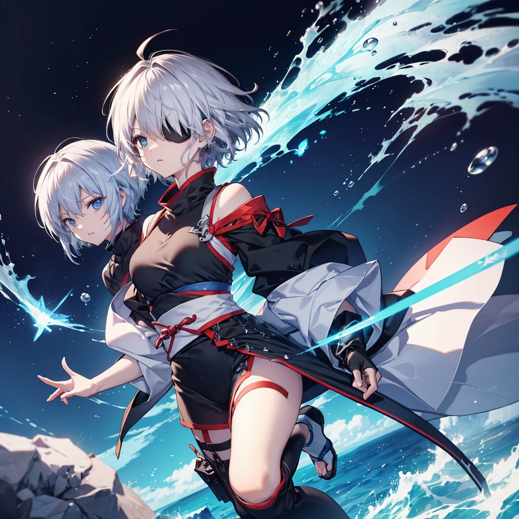 (((1 person put on an eyepatch Gray Hair Qinglong))) (((Jumping kick Full of dynamism))) ((High resolution short hair shoulder Also々funny Face knifeを胸の前で構える)) ((Black Band Ninja Lonely despair blue eyes close)) ((Blue Butterfly night Japanese style old Shining Aura Jump Catch the wind Distorted Space)) (dance 日本knife knife Slashing) 月night moonlight star Shuriken Shining Background Shining Edges